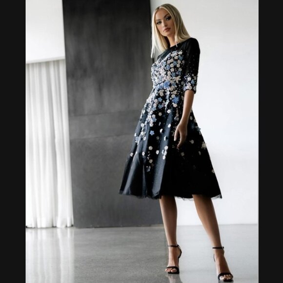 Mac Duggal 11161 Size 6 Black Blue Pink Floral Embroidered A-Line Cocktail Dress - Picture 2 of 5